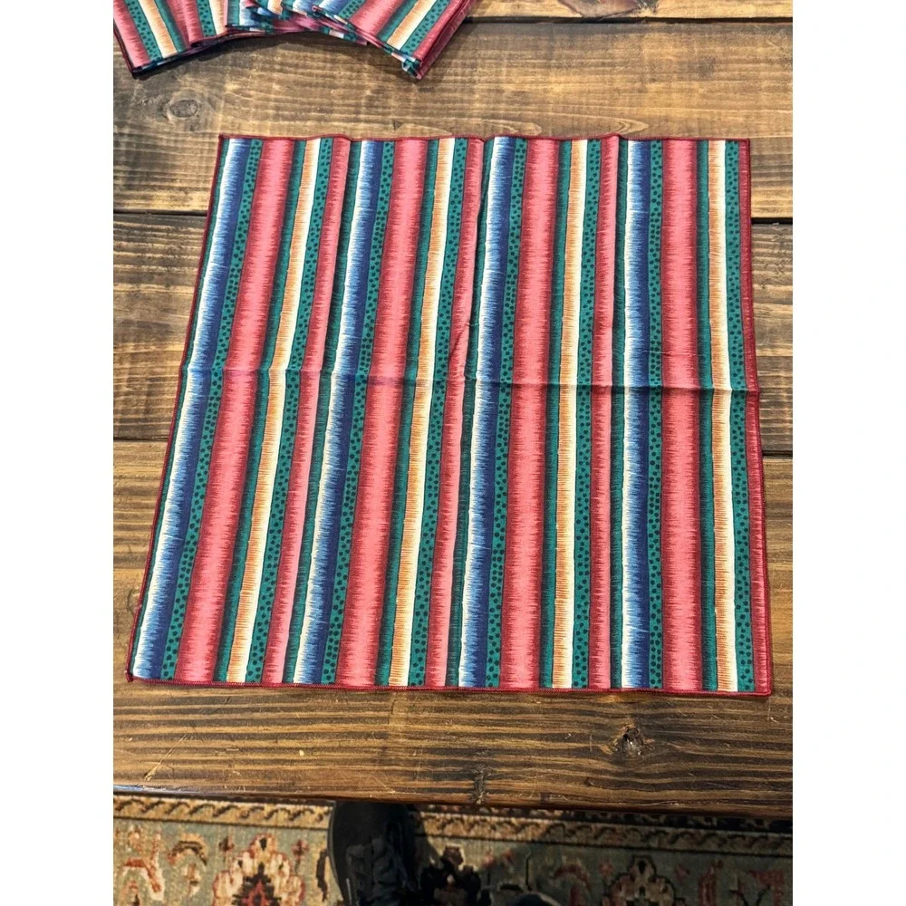 Vintage Striped Cloth Napkins Set of 7 Pink‎ Teal Blue Ikat Boho 16x16.5 Western